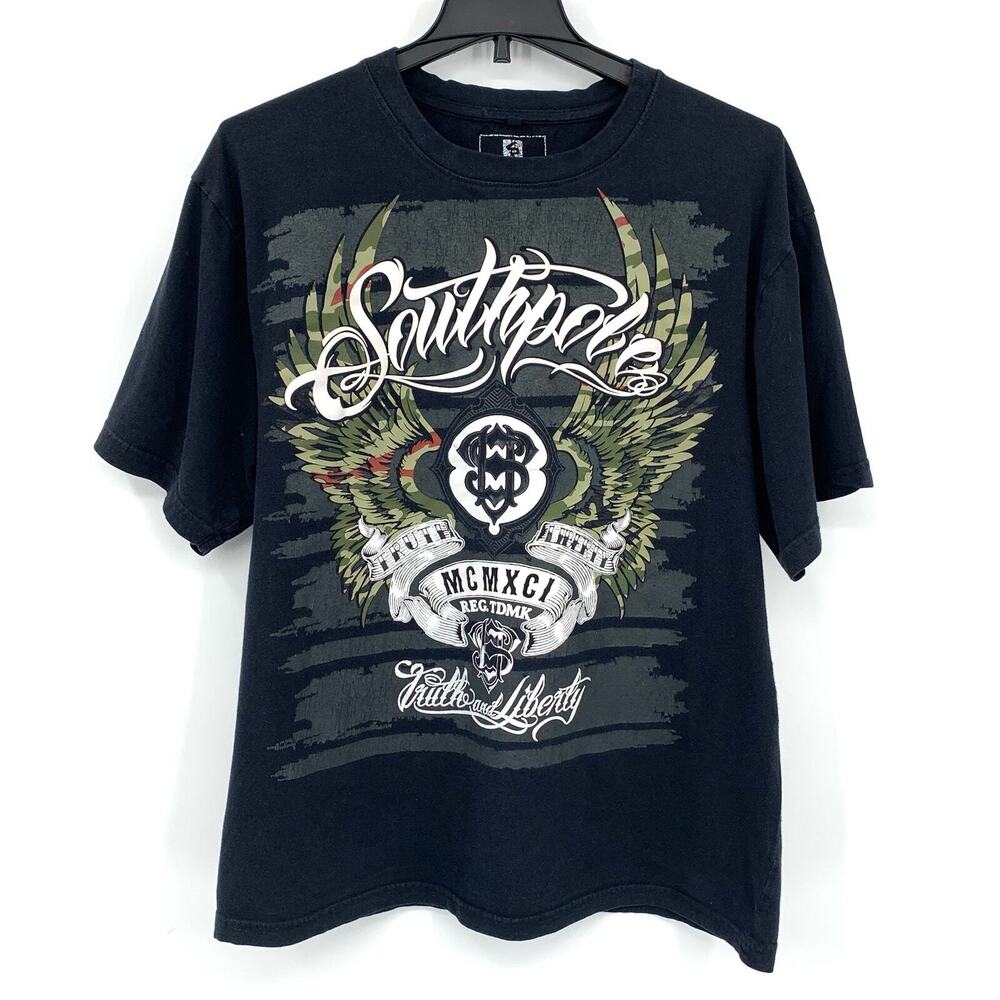 Vintage 2000s Y2K Southpole T-Shirt Black Wing Skate Emo Goth Punk Mens Size XXL